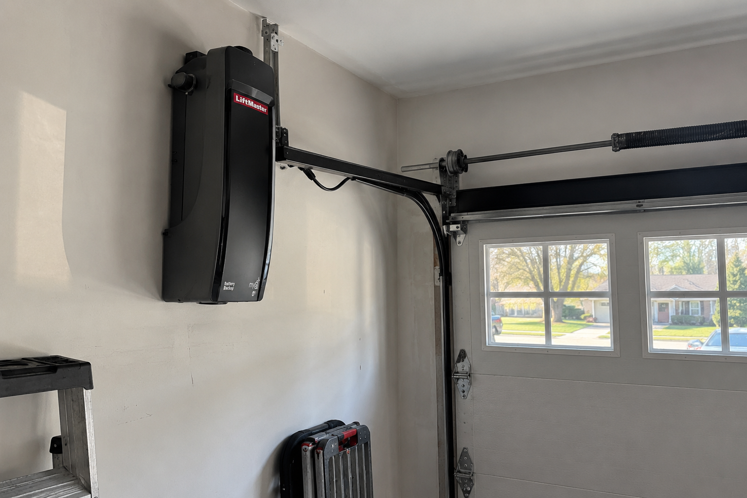 LiftMaster 8500W wall mount opener in a Napa garage with overhead storage